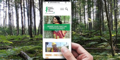 une main tient un téléphone devant une forêt. Au téléphone, le nouveau site Web de PLT Canada