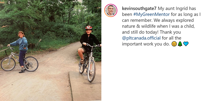Capture d'écran du post instagram de Kevin qui montre lui-même et sa tante à vélo ensemble sur un chemin de terre.
