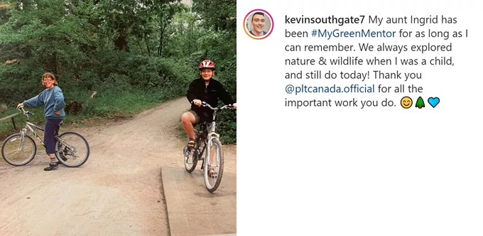screenshot of Kevin's instagram post that features himself and his Aunt cycling together on a dirt road.