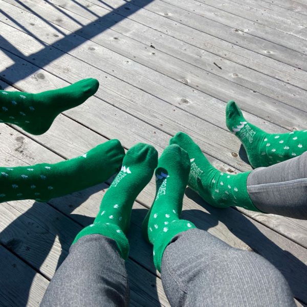 3 pairs of feet all wearing the green socks