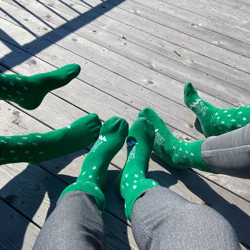 group socks square 3 pairs of feet all wearing the green socks