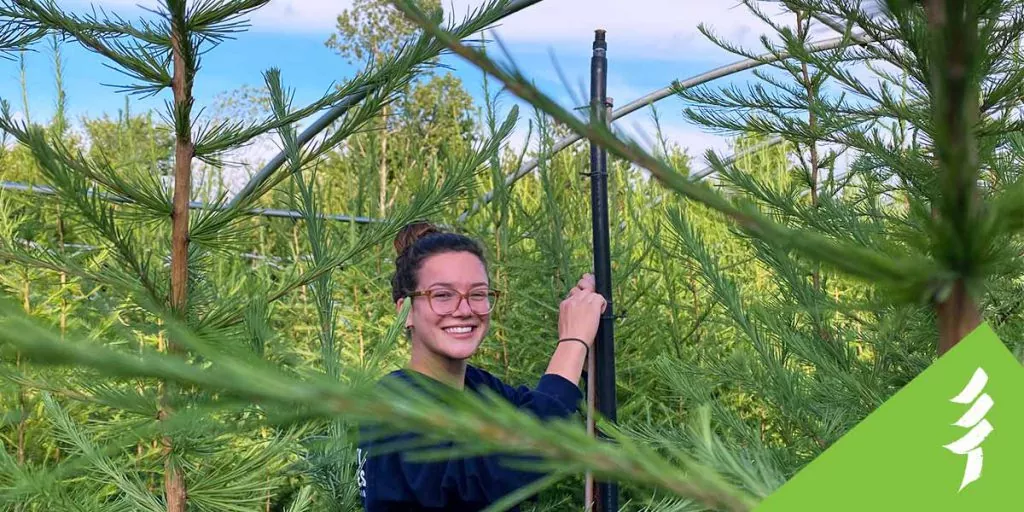 Moira Ijzerman, an Irrigation Technician with Baker Forestry Services, adjusting the irrigation system in a hoop house where she grew tamaracks. 