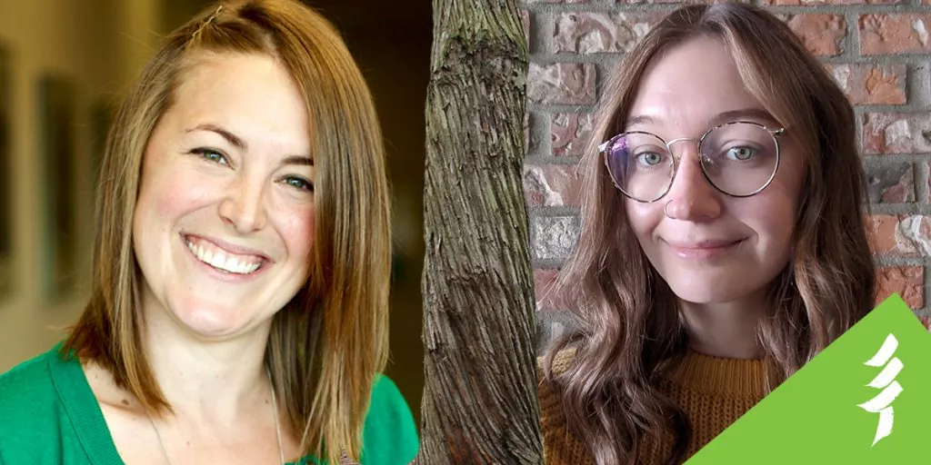 Molly and Maleen's headshots, separated by a tree trunk