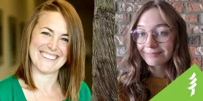 Molly and Maleen's headshots, separated by a tree trunk
