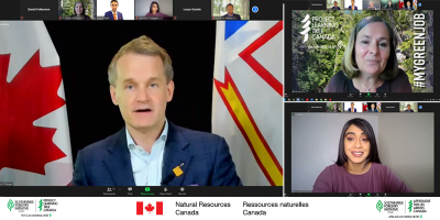 Natural Resources Minister Seamus O’Regan (left) announced the Science and Technology Internship Program during an online press conference on June 30 with Minister Bardish Chagger, Diversity, Inclusion and Youth (top right), and Kathy Abusow, PLT Canada President and CEO (bottom right), in addition to other delivery organizations.