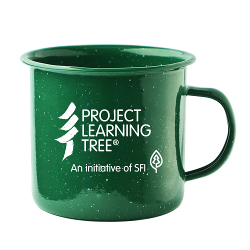 green steel mug with Project Learning Tree logo