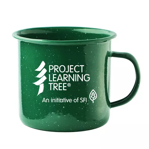 green steel mug with Project Learning Tree logo