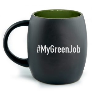 black ceramic mug with #MyGreenJob hashtag