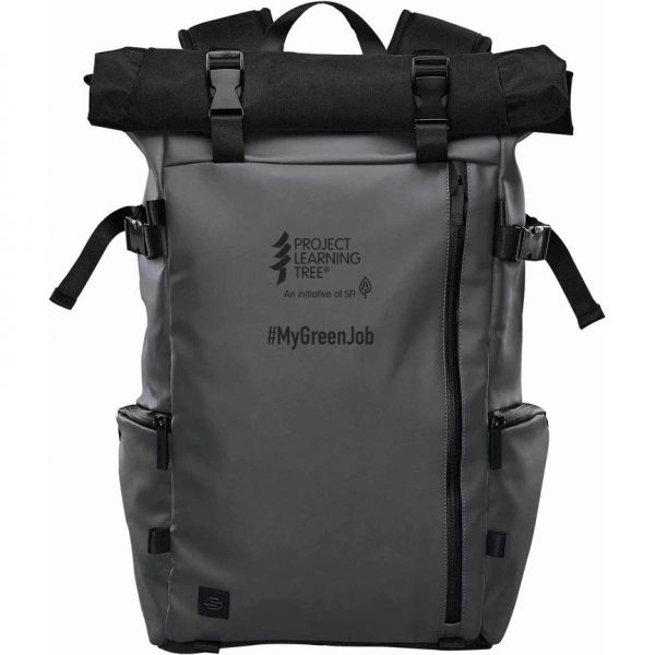 grey backpack with PLT Canada logo