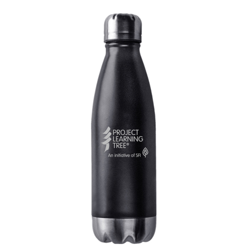 black and silver water bottle with PLT Canada logo