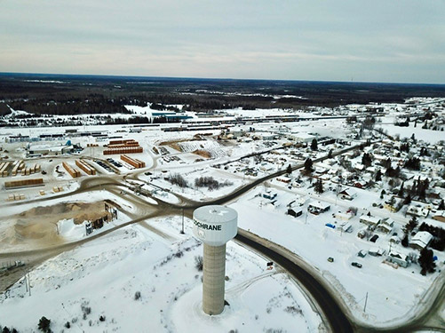 birds eye view looking down at the town of Cochrane, Ontario.