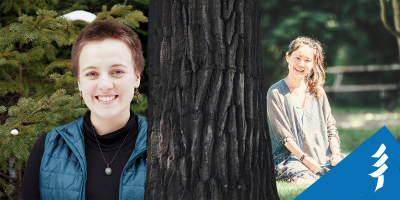 Photo of Kaitlyn standing in front of a tree and photo of Jasmine sitting on the grass