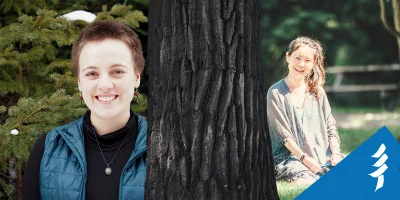 Photo of Kaitlyn standing in front of a tree and photo of Jasmine sitting on the grass