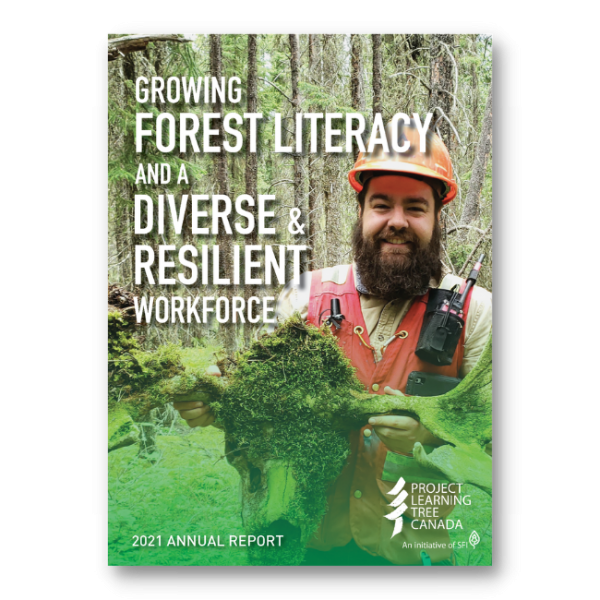 Young green careers professional wearing orange safety had and vest holding antlers covered in moss