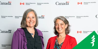Kathy Abusow, President and CEO of the Sustainable Forestry Initiative and Project Learning Tree Canada, and Julie Dabrusin, Parliamentary Secretary to the Minister of Natural Resources Canada and the Minister of Environment and Climate Change Canada.