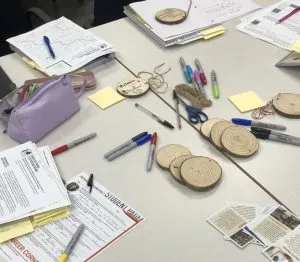 papers, pencils, tree cookies and environmental education activities on a table